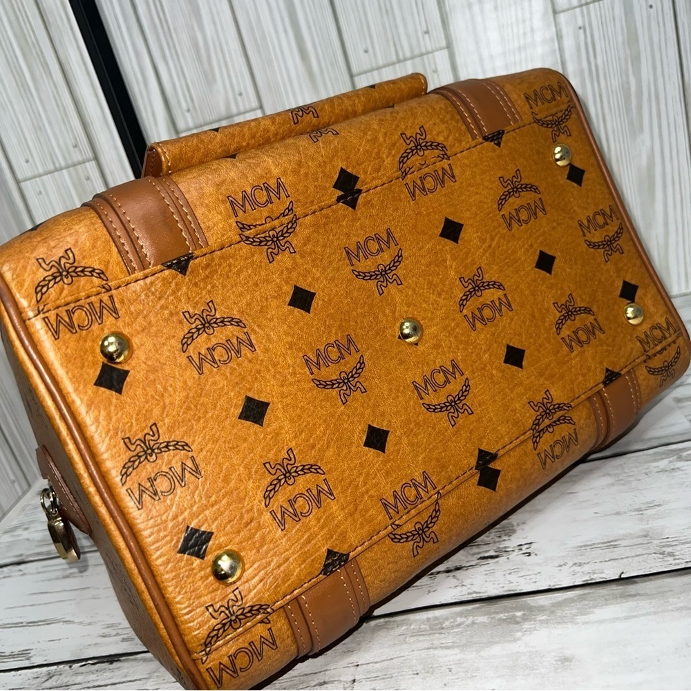 MCM Vintage Cognac Visetos Monogram Boston Satchel Bag with Gold Logo Plate - Picture 6 of 14